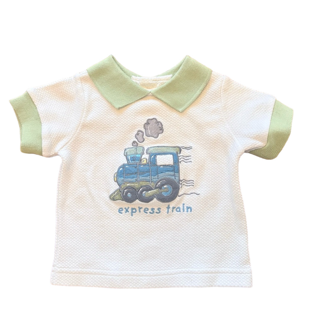 Vintage Baby Boy Q Express Train Green + White Collared Shirt Size 6/9M